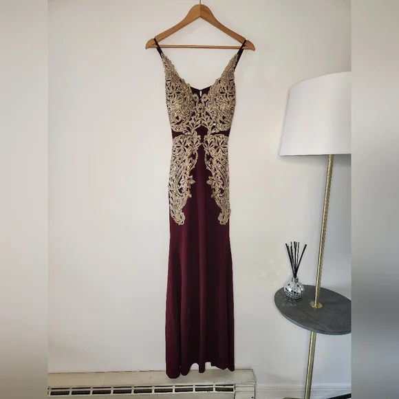 Burgundy & Gold Lace Formal Gown from Fashion Nova